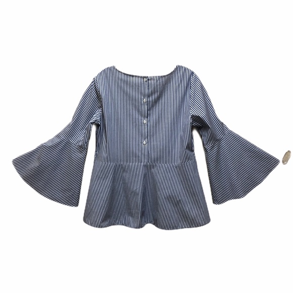 ANN TAYLOR Blue & White Blouse, Bell Sleeves SZ S - Picture 4 of 6